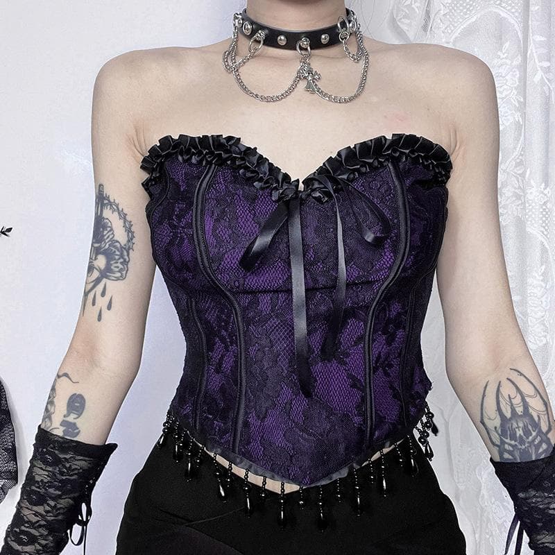 Dark Enchantress Purple Lace Corset Bustier Top - Halloween & Fall Goth Glamour