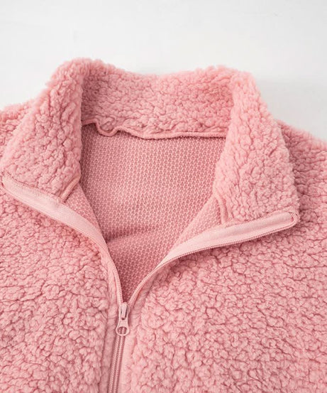 Cozy Chic Pink Sherpa Loungewear Set: Cropped Zip-Up Top & Comfy Shorts for Fall