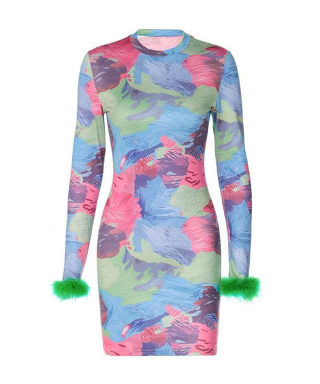 Show-Stopping Feather-Cuff Mini Dress | Vibrant Abstract Print Bodycon for Fall Parties & Holiday Fun