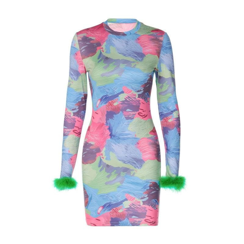 Show-Stopping Feather-Cuff Mini Dress | Vibrant Abstract Print Bodycon for Fall Parties & Holiday Fun
