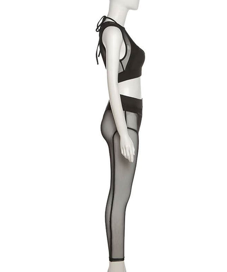 Sultry Sheer Mesh Halter Crop Top & High-Waist Leggings Set – Your Ultimate Halloween, Club & Festival Look
