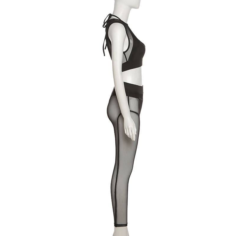 Sultry Sheer Mesh Halter Crop Top & High-Waist Leggings Set – Your Ultimate Halloween, Club & Festival Look