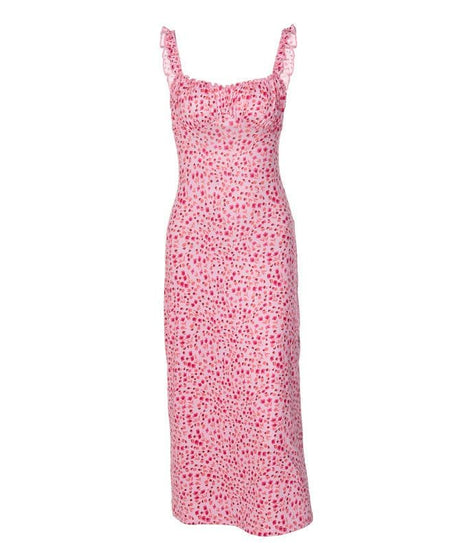 Vibrant Pink Floral Ruched Midi Dress with Ruffle Straps - Chic & Backless for Fall