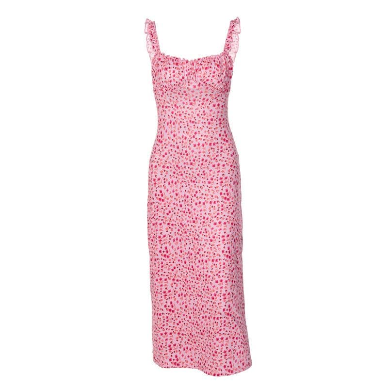 Vibrant Pink Floral Ruched Midi Dress with Ruffle Straps - Chic & Backless for Fall