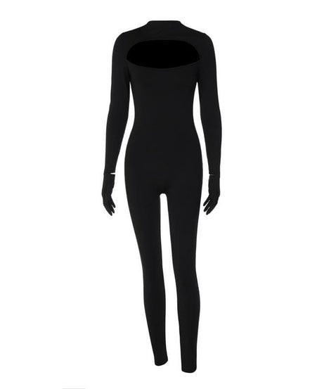Daring Black Cutout Jumpsuit with Built-In Gloves - Sleek Halloween & Holiday Statement Catsuit