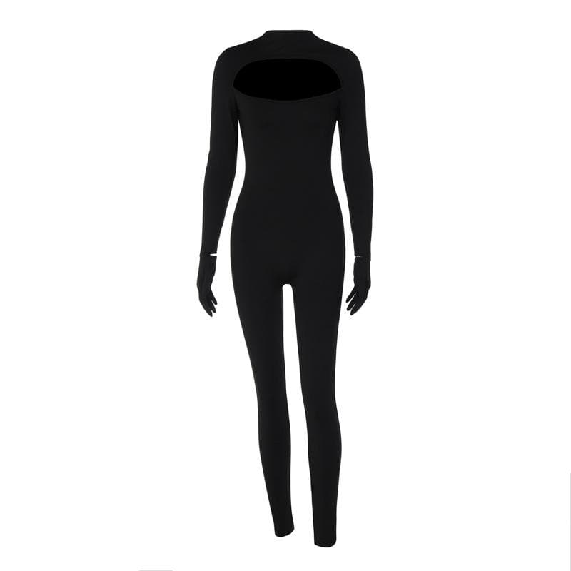 Daring Black Cutout Jumpsuit with Built-In Gloves - Sleek Halloween & Holiday Statement Catsuit