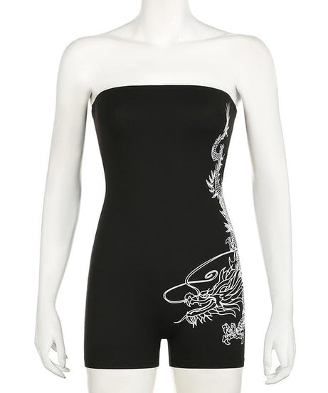 Slay the Scene: Edgy Dragon Print Strapless Romper - Your Ultimate Fall & Halloween Party Statement