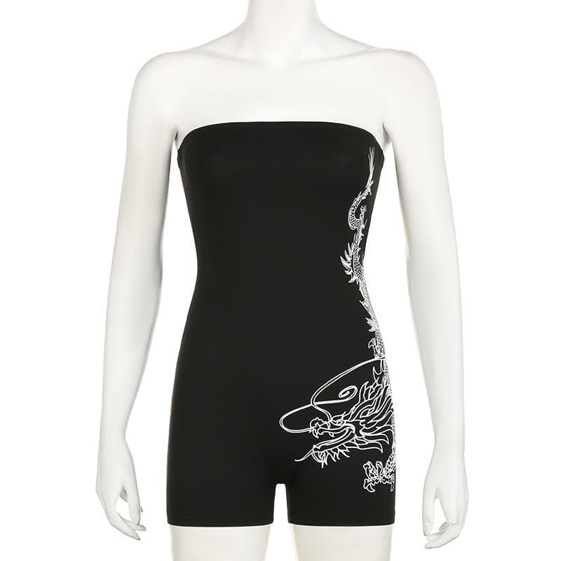 Slay the Scene: Edgy Dragon Print Strapless Romper - Your Ultimate Fall & Halloween Party Statement