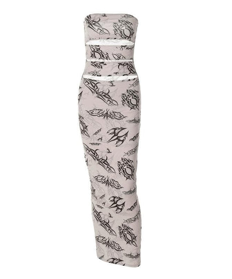 Y2K Tribal Tattoo Print Cut-Out Maxi Skirt & Tube Top Set - Edgy Fall Party & Halloween Glam