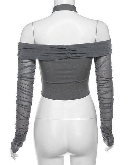Autumn Allure: Chic Off-Shoulder Halter Ruched Long Sleeve Crop Top - Your Fall Fashion Must-Have