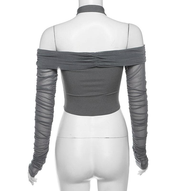Autumn Allure: Chic Off-Shoulder Halter Ruched Long Sleeve Crop Top - Your Fall Fashion Must-Have
