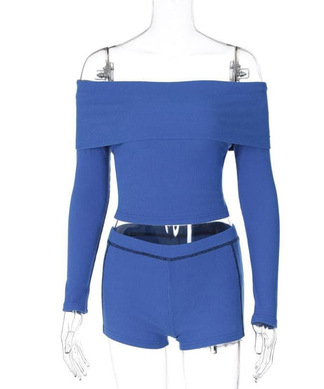 Cozy Chic Cobalt Blue Ribbed Off-Shoulder Long Sleeve Crop Top & Shorts Set - Fall Lounge Essential