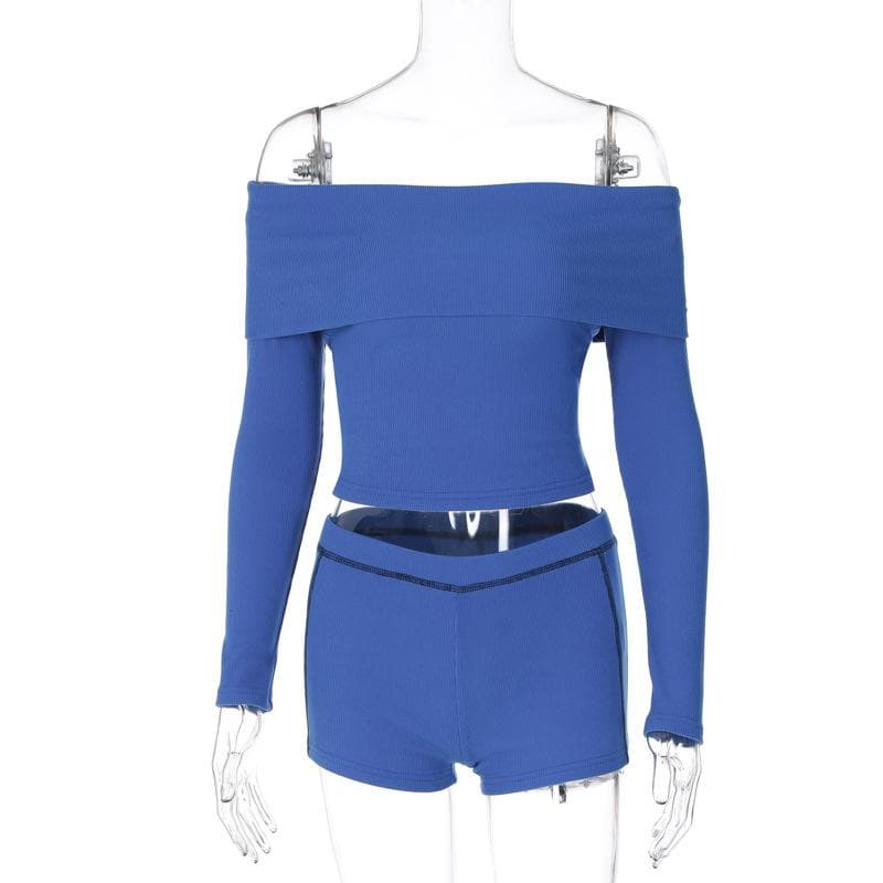 Cozy Chic Cobalt Blue Ribbed Off-Shoulder Long Sleeve Crop Top & Shorts Set - Fall Lounge Essential
