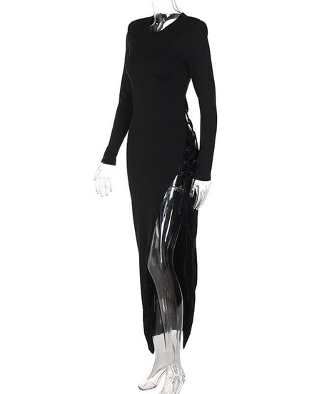 Chic Black Bodycon Maxi Dress | Adjustable Lace-Up Slit & Open Back | Long Sleeve Fall & Holiday Party Ready