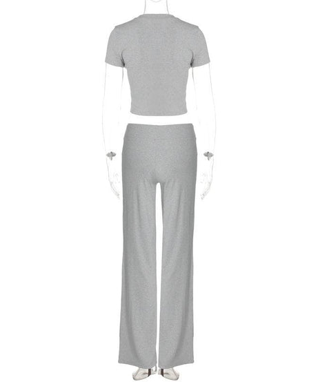 Effortless Fall Style: Cozy Heather Grey 2-Piece Cropped Tee & Wide-Leg Drawstring Pant Set
