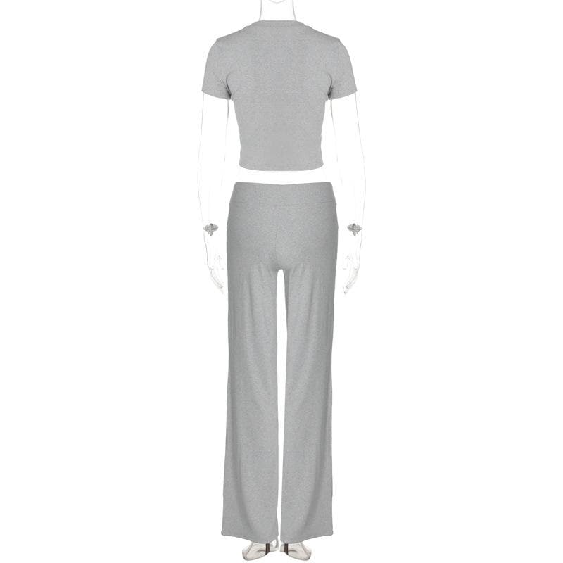 Effortless Fall Style: Cozy Heather Grey 2-Piece Cropped Tee & Wide-Leg Drawstring Pant Set
