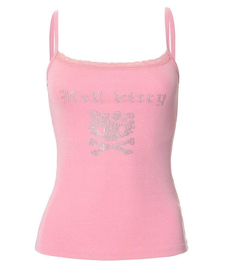 Spooky Chic Y2K Hell Kitty Rhinestone Pink Cami Top - Edgy Lace Trim Tank for Fall