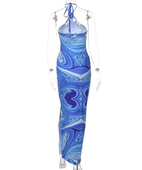 Effortless Chic Blue Marble Swirl Halter Maxi Dress – Your Go-To for Vacations & Glam Getaways
