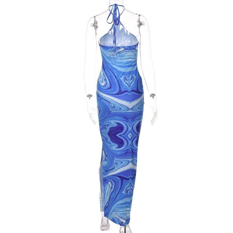 Effortless Chic Blue Marble Swirl Halter Maxi Dress – Your Go-To for Vacations & Glam Getaways
