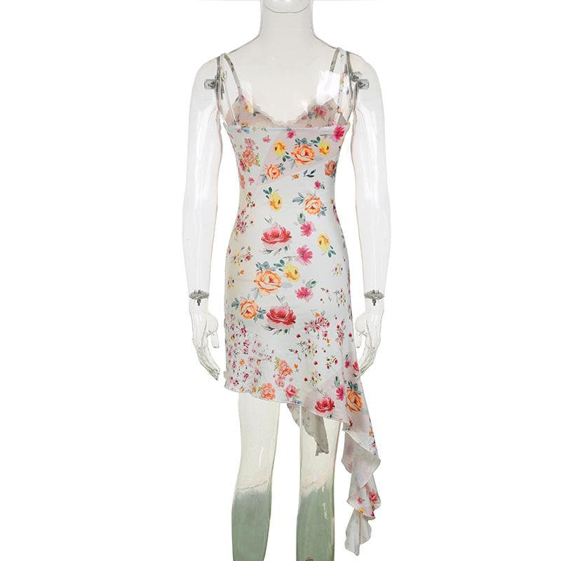 Romantic Floral Lace Cami Mini Dress - Asymmetrical Hem & Resort Ready Style
