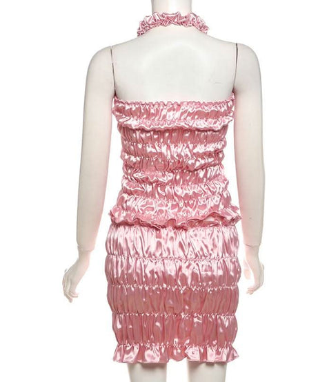 Y2K Barbiecore Pink Ruched Halter Top & Mini Skirt Set - Flirty Party & Halloween Ready