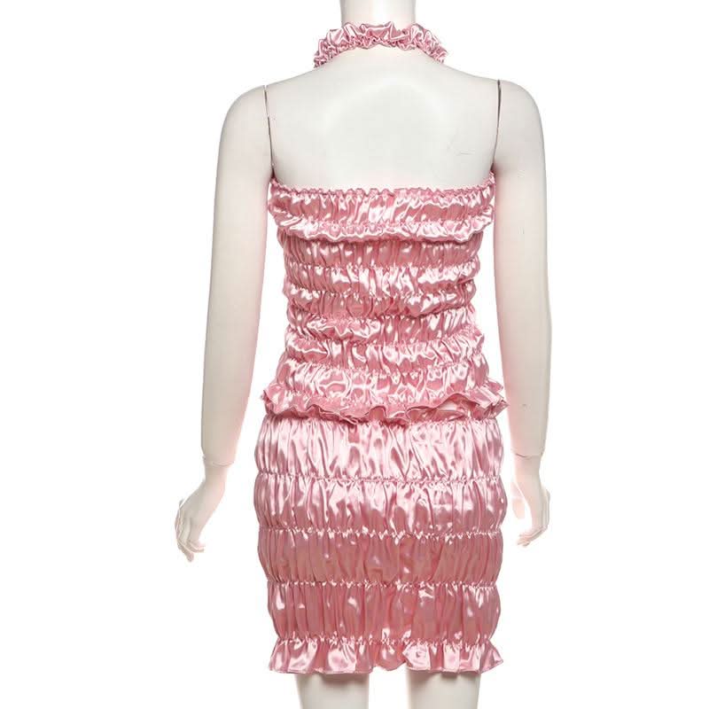 Y2K Barbiecore Pink Ruched Halter Top & Mini Skirt Set - Flirty Party & Halloween Ready