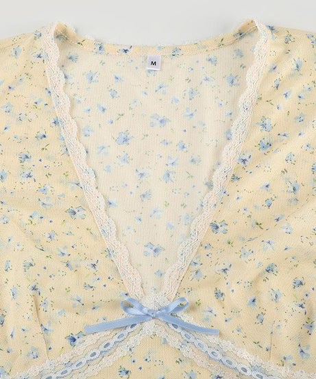 Dainty Coquette Floral V-Neck Top | Romantic Lace Trim & Bow Cap Sleeve Blouse