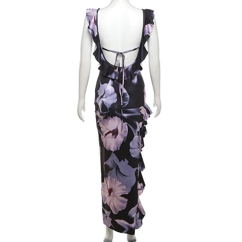 Midnight Bloom Ruffle Maxi Dress | Keyhole, Slit & Backless for Fall & Holiday Glamour