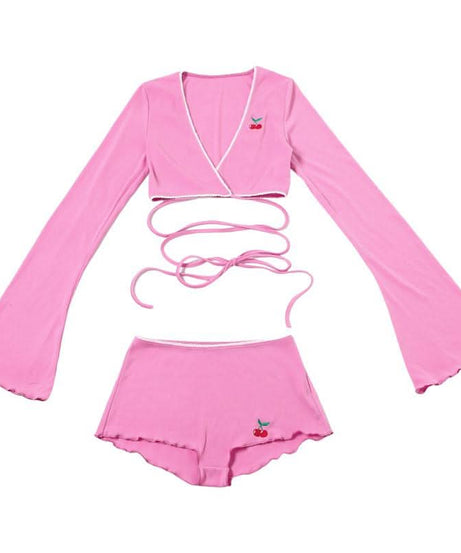 Cozy Fall Vibes: Sweet Cherry Pink Ribbed Wrap Top & Shorts Lounge Set