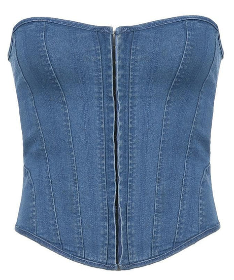 Y2K Edgy Denim Corset Top | Strapless Sweetheart Bustier for Fall Style