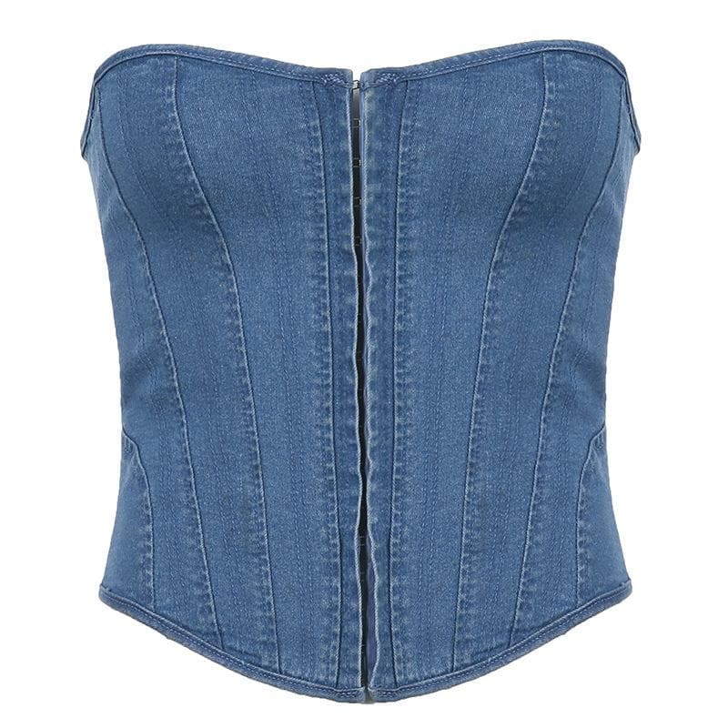 Y2K Edgy Denim Corset Top | Strapless Sweetheart Bustier for Fall Style