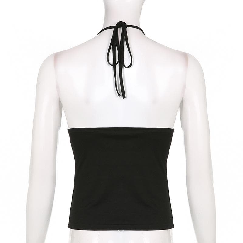 Fall Nights Out: Edgy Buckle & Grommet Plunge Halter Top - Y2K Fashion