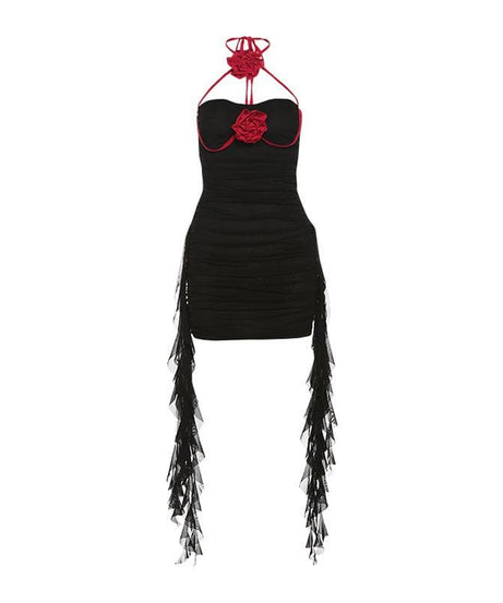 Fall Glamour: Mocha Rose Halter Mini Dress - Ruched Bodycon with Dramatic Ruffled Sashes