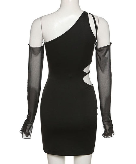 Chain Detail One-Shoulder Bodycon Mini Dress with Sheer Mesh Sleeves – Your Fall & Holiday Party Statement