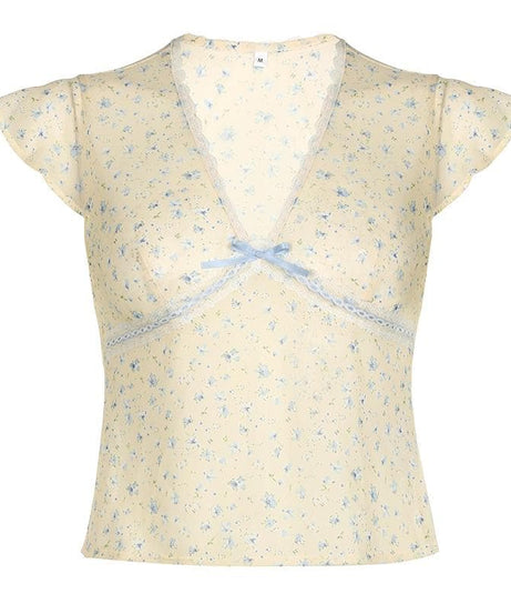Dainty Coquette Floral V-Neck Top | Romantic Lace Trim & Bow Cap Sleeve Blouse