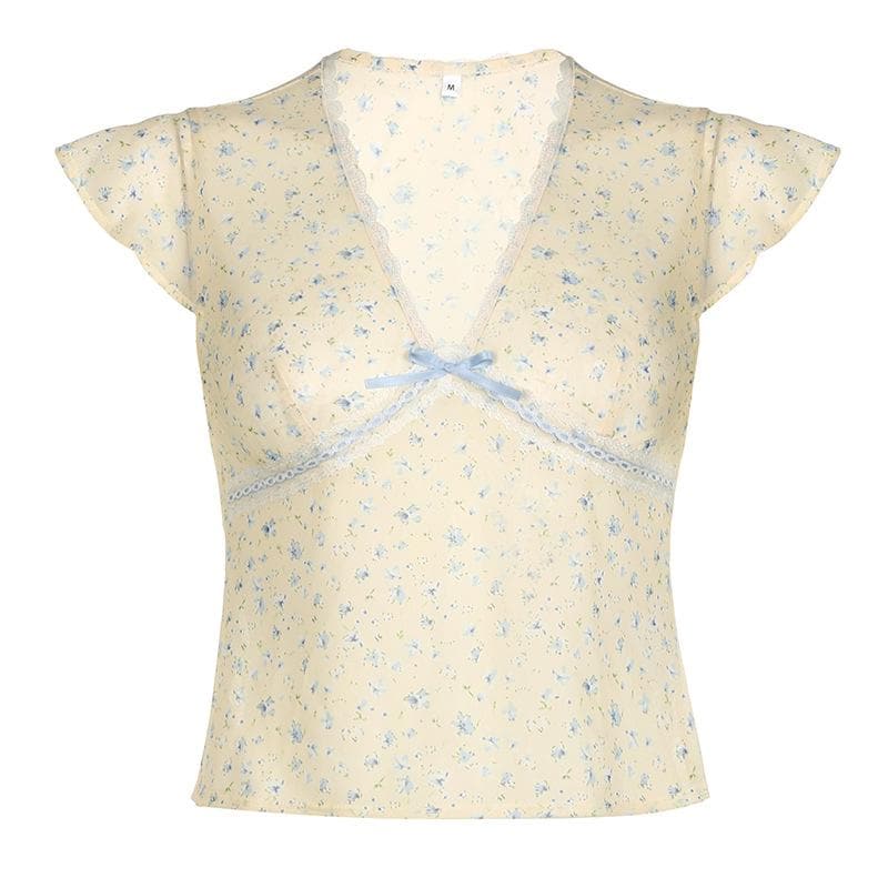 Dainty Coquette Floral V-Neck Top | Romantic Lace Trim & Bow Cap Sleeve Blouse