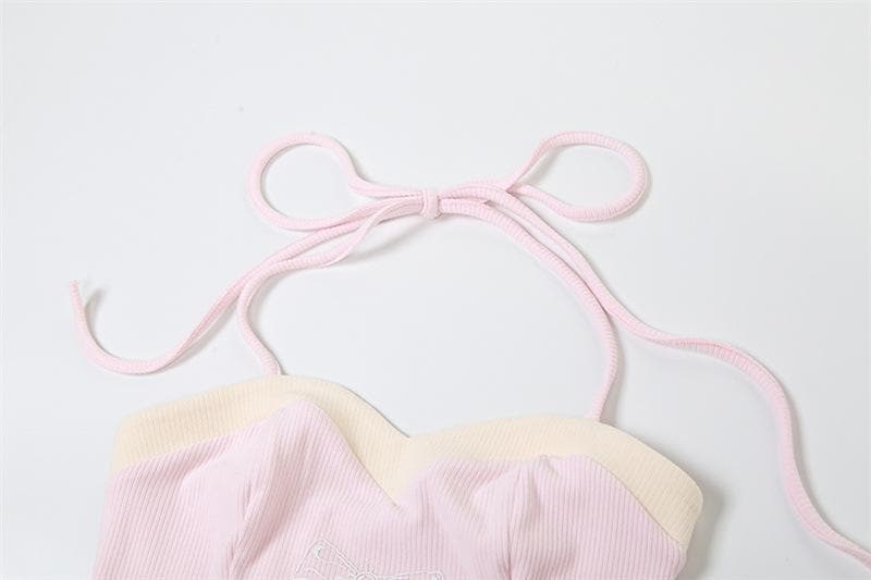 Sweetheart Coquette Pink Halter Crop Top & V-Cut Mini Skirt Set – Trendy Fall Style