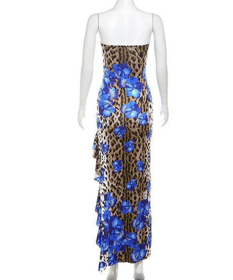 Daring Bloom: Blue Floral & Leopard Print Strapless Maxi Dress with High Slit – Fall & Holiday Glamour