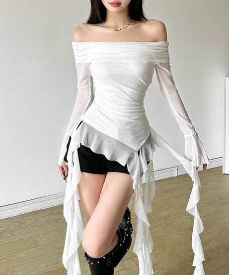 Dreamy Angelic Off-Shoulder Ruffle Tunic Top - Sheer Mesh Long Sleeves for Enchanting Fall Style