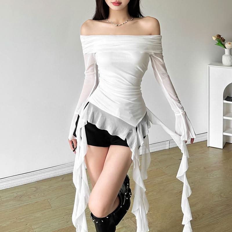 Dreamy Angelic Off-Shoulder Ruffle Tunic Top - Sheer Mesh Long Sleeves for Enchanting Fall Style