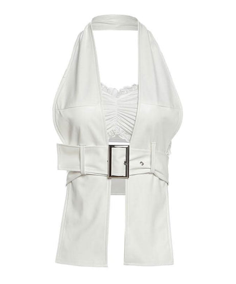 Edgy Luxe Faux Leather Halter Vest & Lace Bralette Set - Fall Fashion Statement