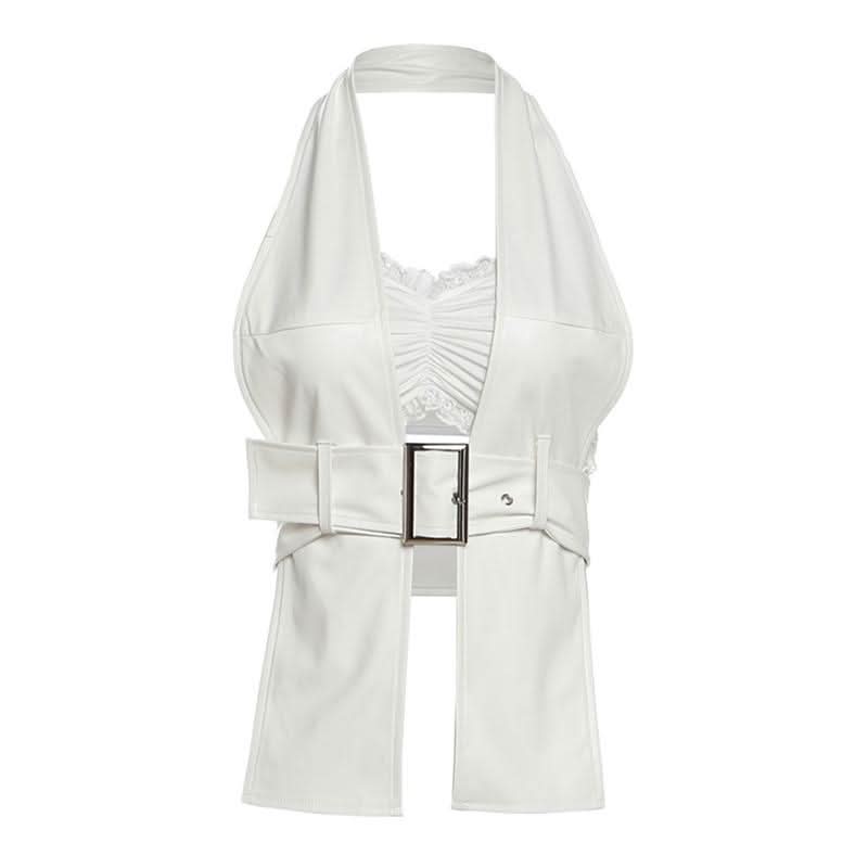 Edgy Luxe Faux Leather Halter Vest & Lace Bralette Set - Fall Fashion Statement