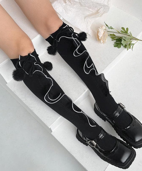 Spooky Cute Ruffle Pom Pom Knee-High Socks - Essential Fall & Halloween Style