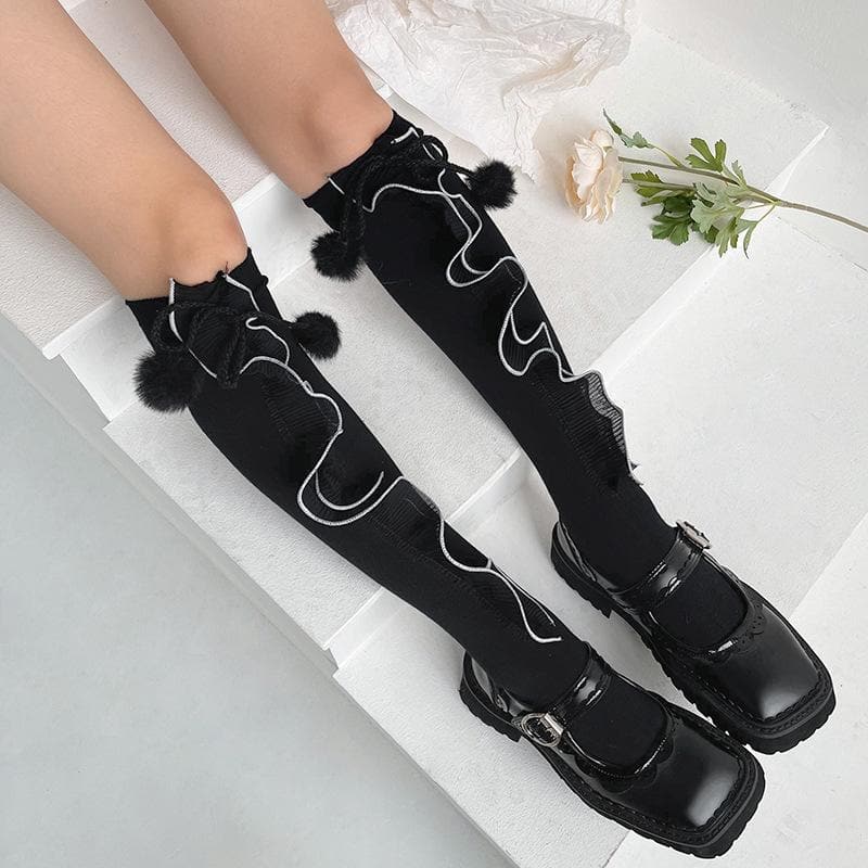 Spooky Cute Ruffle Pom Pom Knee-High Socks - Essential Fall & Halloween Style