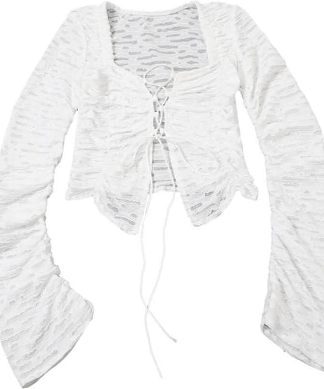 Y2K Chic White Textured Lace-Up Crop Top | Ruched Long Sleeve Fall Fashion Statement