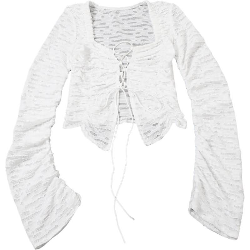 Y2K Chic White Textured Lace-Up Crop Top | Ruched Long Sleeve Fall Fashion Statement