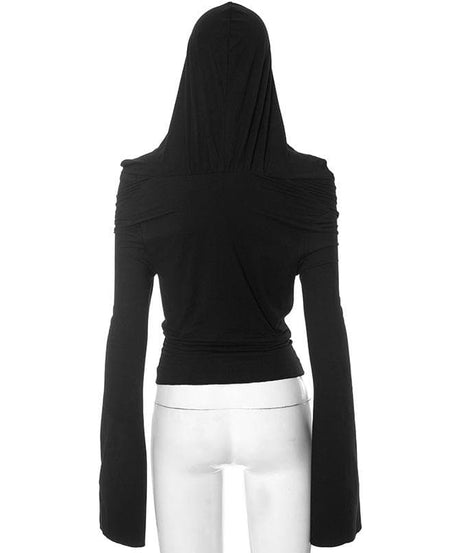 Chic Fall Flair: 2-Way Off-Shoulder Bell Sleeve Hooded Top