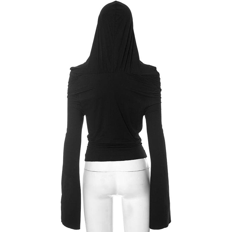 Chic Fall Flair: 2-Way Off-Shoulder Bell Sleeve Hooded Top
