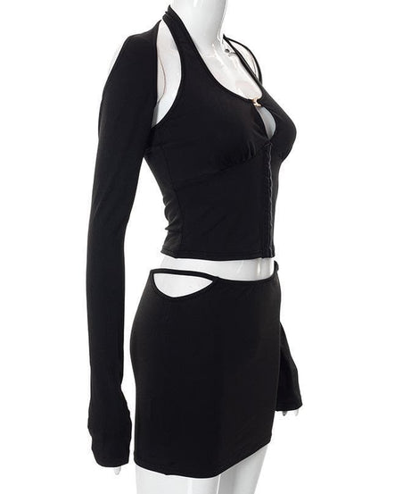 Dark Romance Halter Long Sleeve & Cutout Mini Skirt Set - Your Edgy Fall Night Out Look