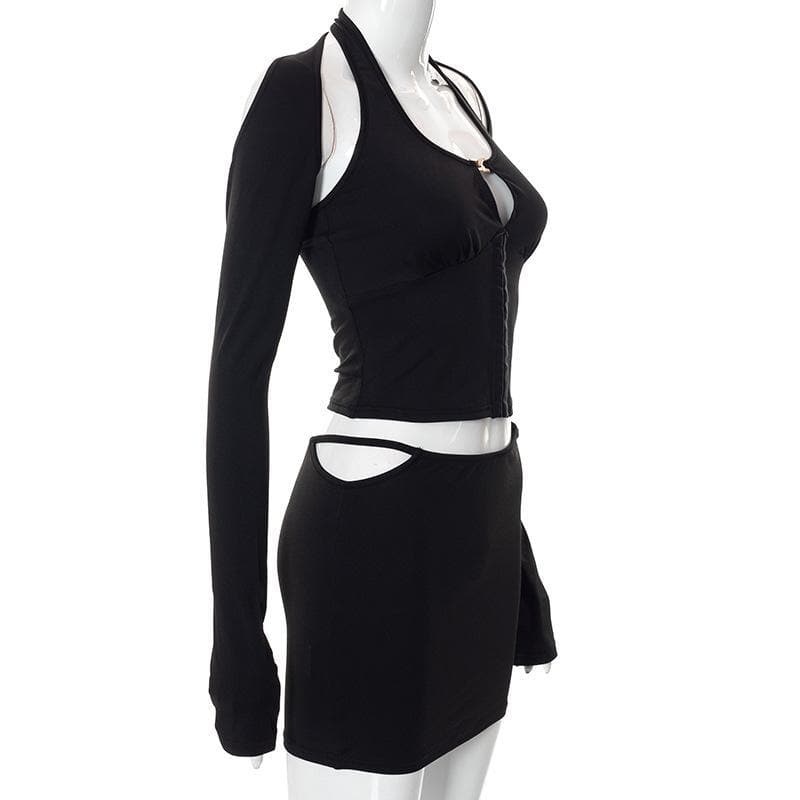 Dark Romance Halter Long Sleeve & Cutout Mini Skirt Set - Your Edgy Fall Night Out Look